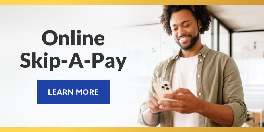 A young man using a smartphone. At the left, the words: online skip-a-pay.