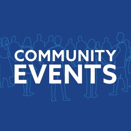 An outline of a grouo of people standing in a circle. Across the center, the words: community events.