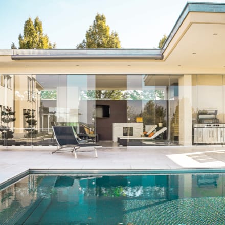 A view of a modern pool deck.