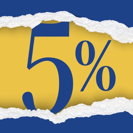 A giant, blue 5% ripping out of blue and gold paper.