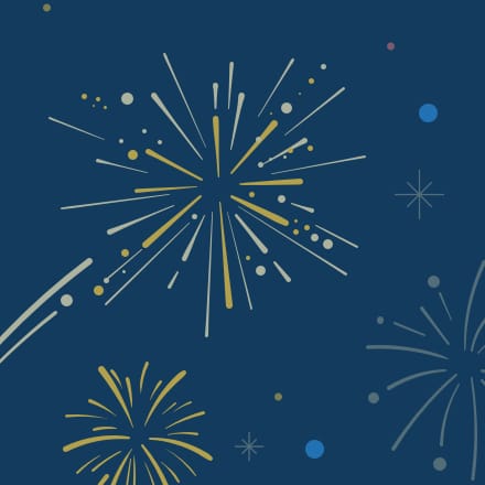 Illustration of fireworks against a solid, dark, blue background.