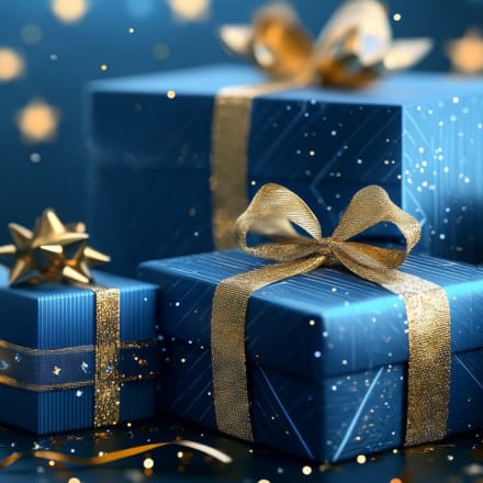 Beautifully wrapped blue and gold gift boxes.