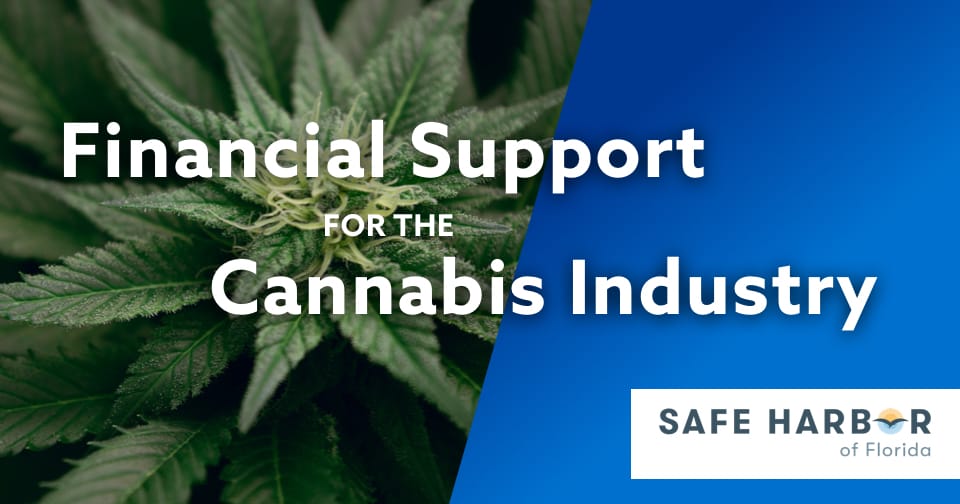 A picture of a cannabis plant. Across the middle, the words: Financial relief for the cannabis industry.