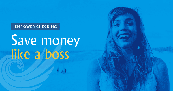 A young woman standing on a beach with a happy expression. To her left, the words: Save money like a boss.