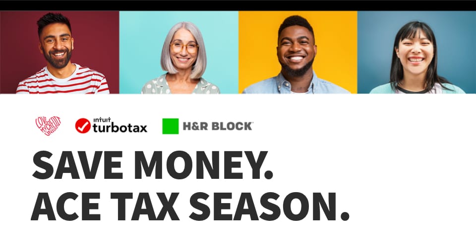 A collage of smiling people. At the bottom, the words: save money. ace tax season.