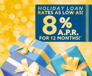 A banner on top of gifts reading "Holiday Loan rates as low as 8% APR for 12 months!"