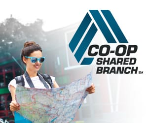 Woman wearing blue sunglasses and a backpack holding a map to the left of the CO-OP Shared Branch logo