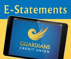 Guardians Credit Union logo on an iPad below an E-Statements banner