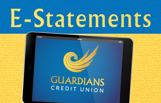 Guardians Credit Union logo on an iPad below an E-Statements banner