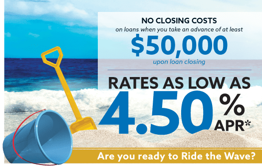 Ride the Wave banner showing a bucket and shovel on a sandy beach to the left of the words: Rates as low as 4.50% APR