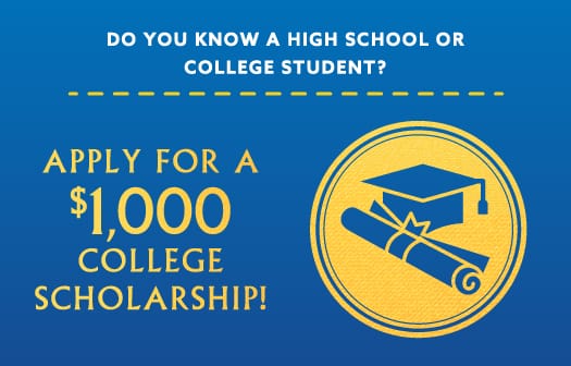 Icon of a graduation cap to the right of the words: Apply for a $1,000 college scholarship!