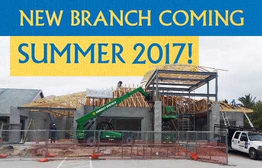 Picture of the new branch construction with a banner reading: New Branch Coming Summer 2017!