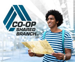 Man wearing a backpack holding a map to the right of the CO-OP Shared Branch logo