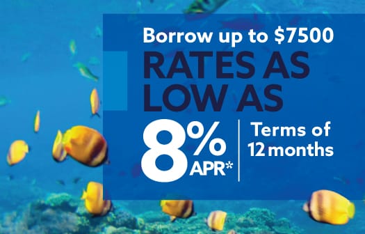 Colorful fish swimming in the ocean behind the words: Borrow up to $7500 with Rates as low as 8% APR*