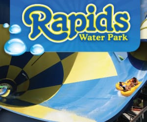 Rapids Water Park logo over images of water rides