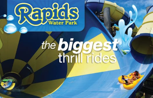 Rapids Water Park logo over images of water rides