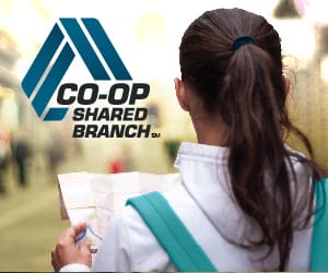 A woman wearing a backpack and holding a map to the right of the CO-OP Shared Branch logo
