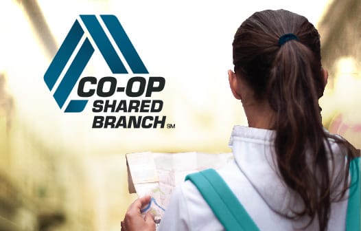 A woman wearing a backpack and holding a map to the right of the CO-OP Shared Branch logo