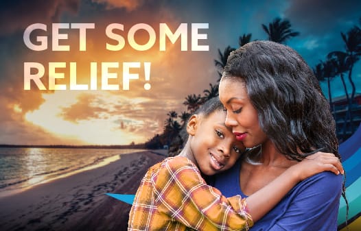 A sad woman holding a young child below the title: Get Some Relief!