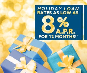 Gifts under a banner reading: Holiday Loan rates as low as 8% APR for 12 months!