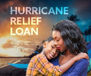 A sad woman holding a young child below the title: Hurricane Relief Loan