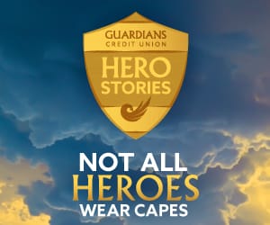 Guardians Credit Union Hero Stories badge on top of the words: Not All Heroes Wear Capes