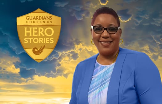 Karen Thompson headshot with the Guardians Credit Union Hero Stories badge at the upper left.