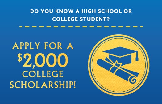 A graduation cap and diploma icon to the right of the words: Apply for a $2,000 college scholarship!