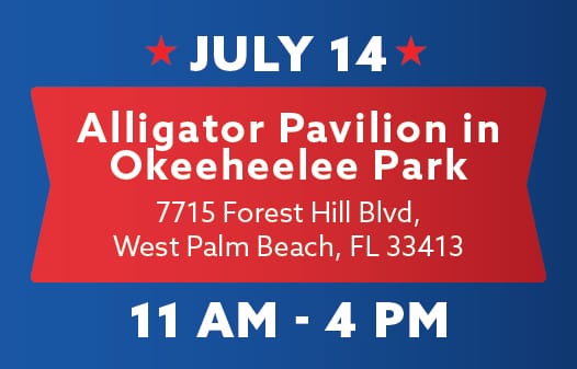 A banner saying: July 14. Alligator Pavilion in Okeeheelee Park between 11am - 4pm.