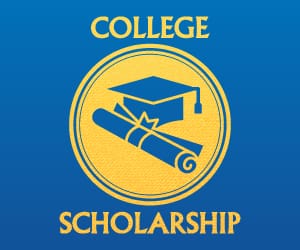 A degree scroll and graduation cap icon between the words: College Scholarship