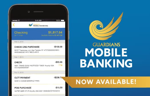 A screenshot of the Guardians One Mobile Banking app on a smartphone.