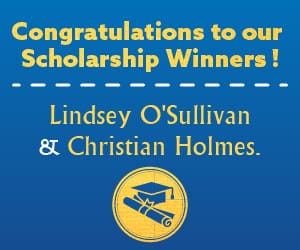 A solid blue tile with the words in yellow: Congratulations to our scholarship winners! Lindsey O'Sullivan and Christian Holmes