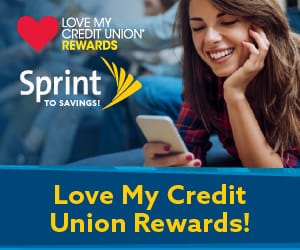 A young woman lying down using a mobile phone. At the top left, the Love My Credit Union Rewards logo.