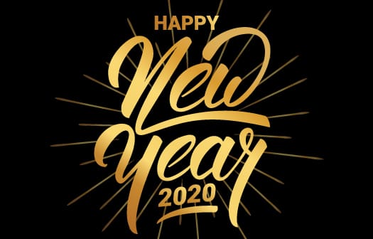 Happy New Year 2020 in gold cursive font against a black background.