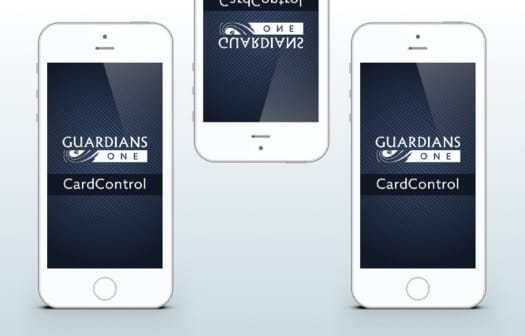A smartphone with the Guardians One CardControl app open.