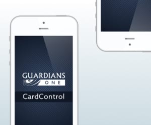 A smartphone with the Guardians One CardControl app open.