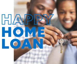 A family of three holding the keys to a new home. At the center, the words: happy home loan