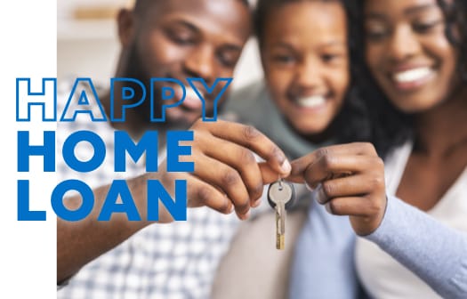 A family of three holding the keys to a new home. At the center, the words: happy home loan