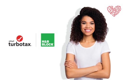 A woman smiling. To the left, the Intuit TurboTax and H&R Block logos.