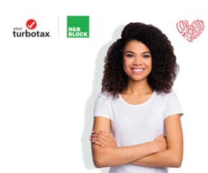 A woman smiling. To the left, the Intuit TurboTax and H&R Block logos.