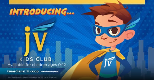 The JV Kids Club mascot. To the left, the words: introducing jv kids club. Available for children ages 0-12.