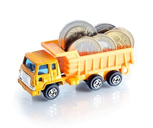A yellow toy truck hauling coins on its bed