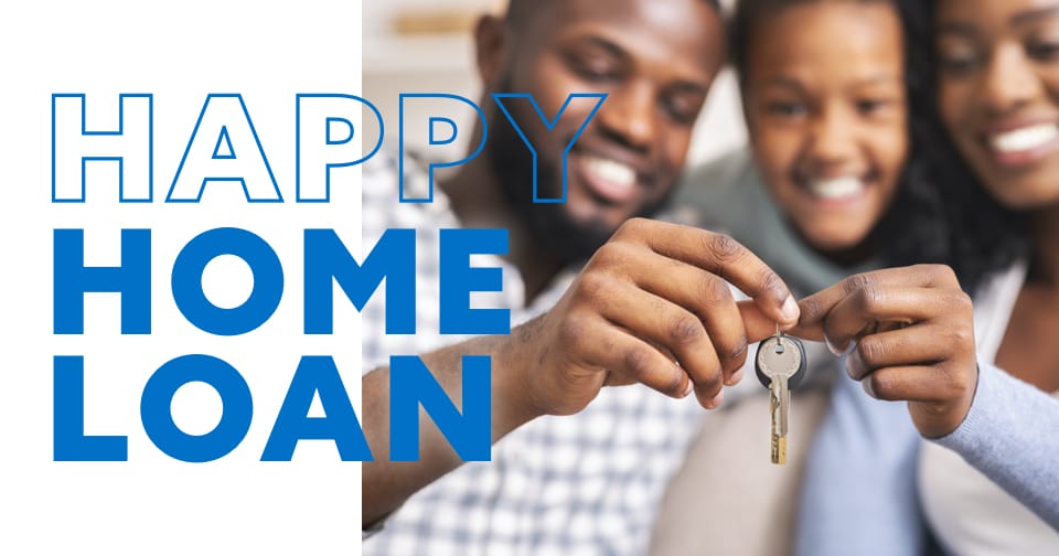 A family holding keys to a new home. To the left, the words: happy home loan