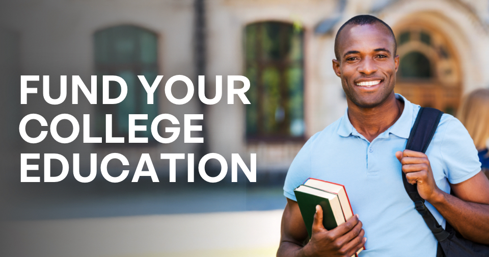 A smiling African American young man carrying a backpack and holding books. The words on the left: fund your college education.