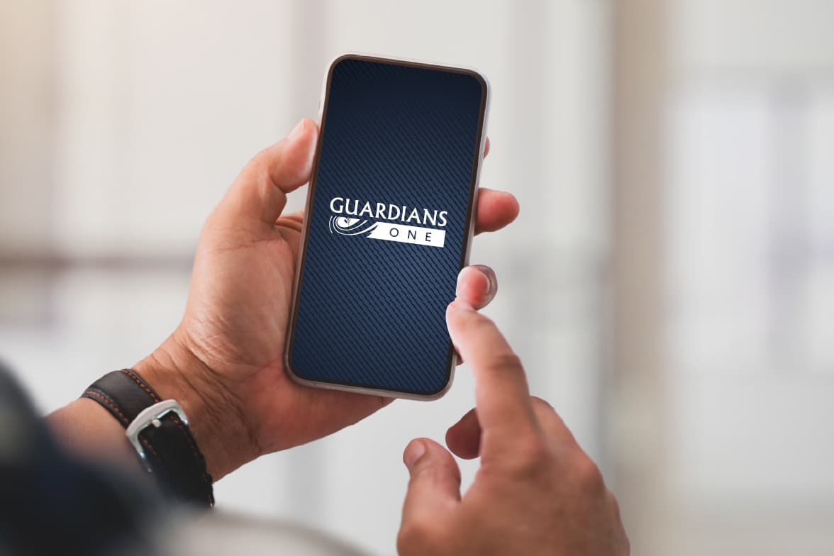A smart phone showing the Guardians One Mobile Banking splash screen.