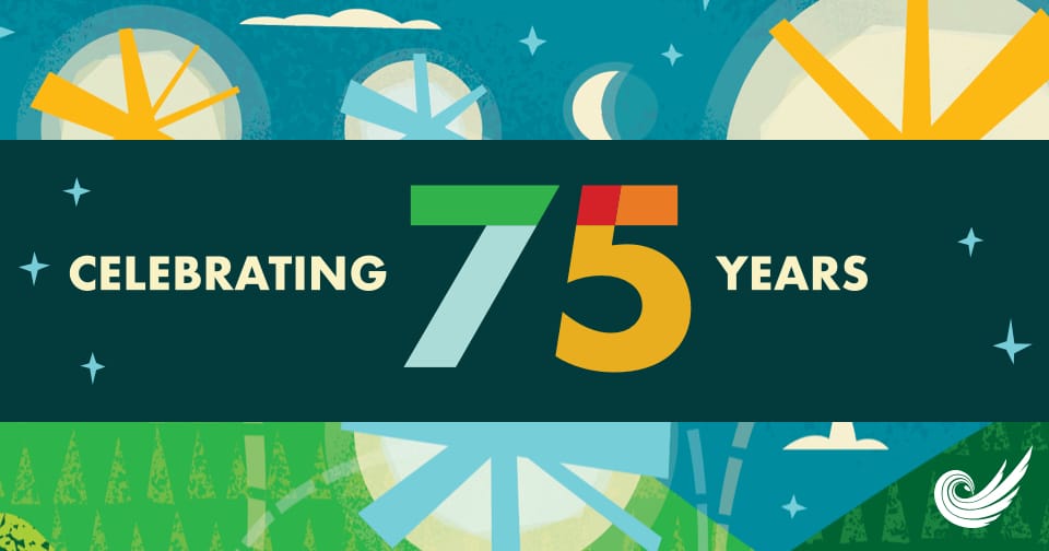 Blue and yellow starbursts. Across the middle, a green bar with the words: celebrating 75 years.