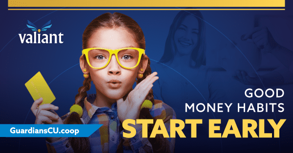 A young girl wearing yellow glasses holding a yellow credit card. Across the bottom, the words: Good money habits start early.