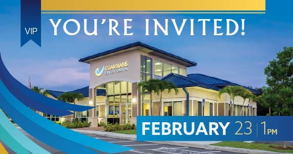 The new Guardians Credit Union WPB Branch with the words on top: You're invited!