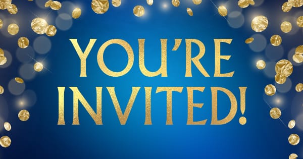 Glistening gold leaves against a blue gradient with the words, in the center: You're Invited!