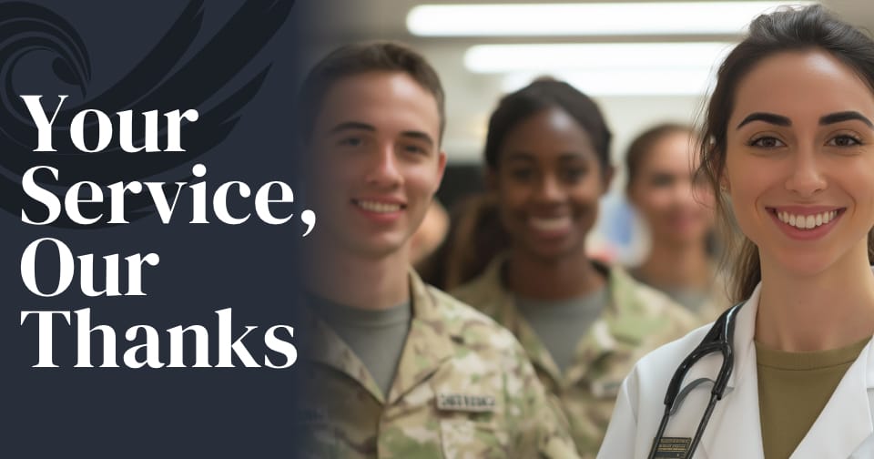 A group of smiling service women and men. At the left, the words: Your Service, Our Thanks.